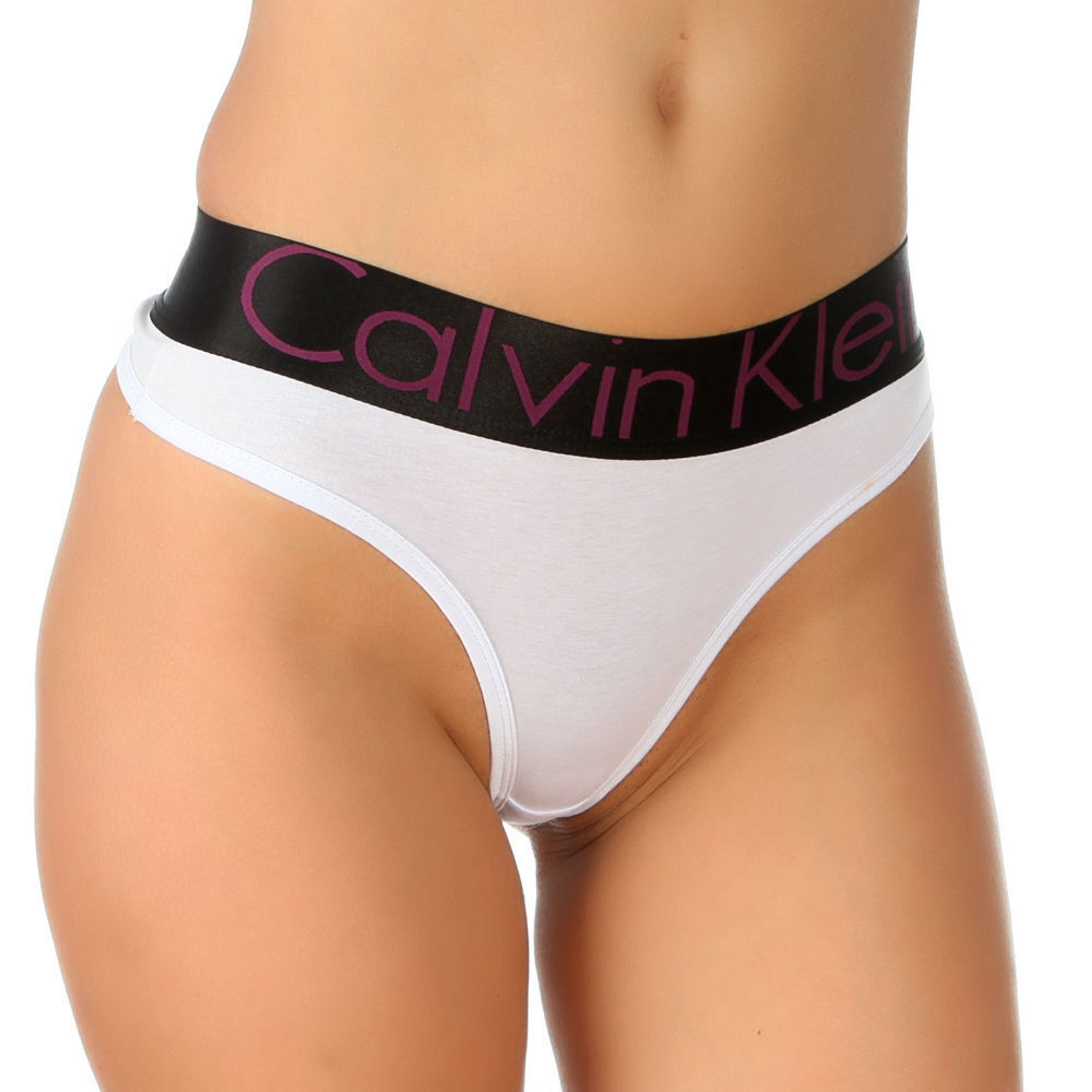 Женские трусы тонги белые с черной резинкой и фиолетовыми буквами Calvin Klein Women Thong W-Black V- Letters фото 1