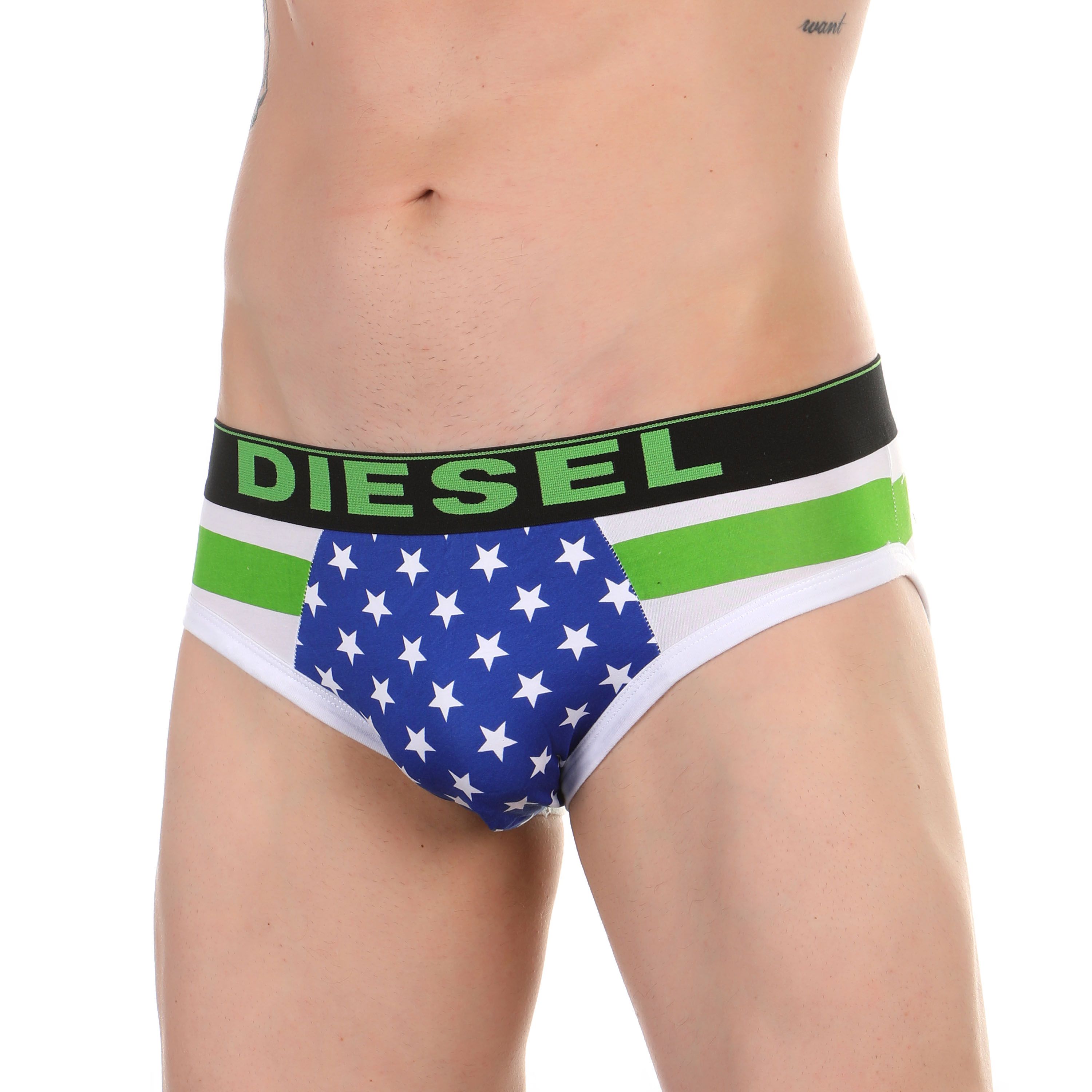 Мужские трусы брифы зеленые в полоску с синей вставкой Diesel фото 1