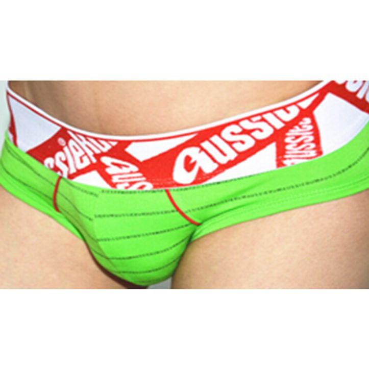 Мужские трусы брифы салатовые с красным поясом Aussiebum Bright Green Low Rise 