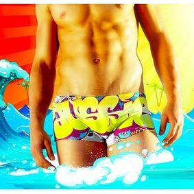 Фото Мужские плавки хипсы разноцветные с желтым граффити Aussiebum YOO Swimwear