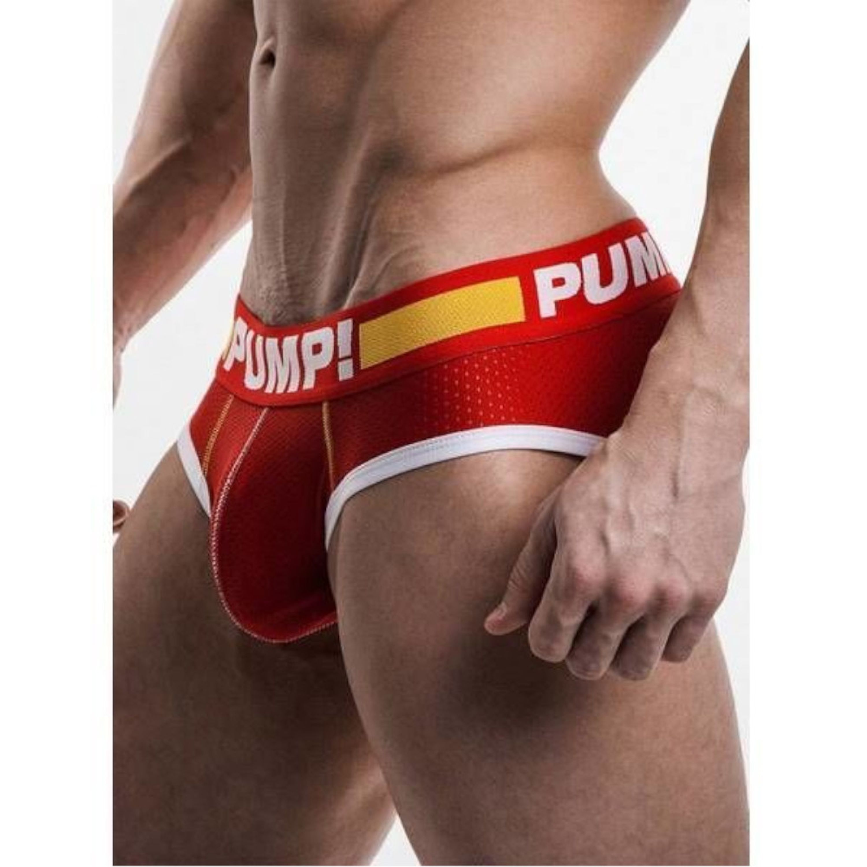 Мужские трусы брифы в сетку красные с желтой полоской PUMP! H117-8 фото 2