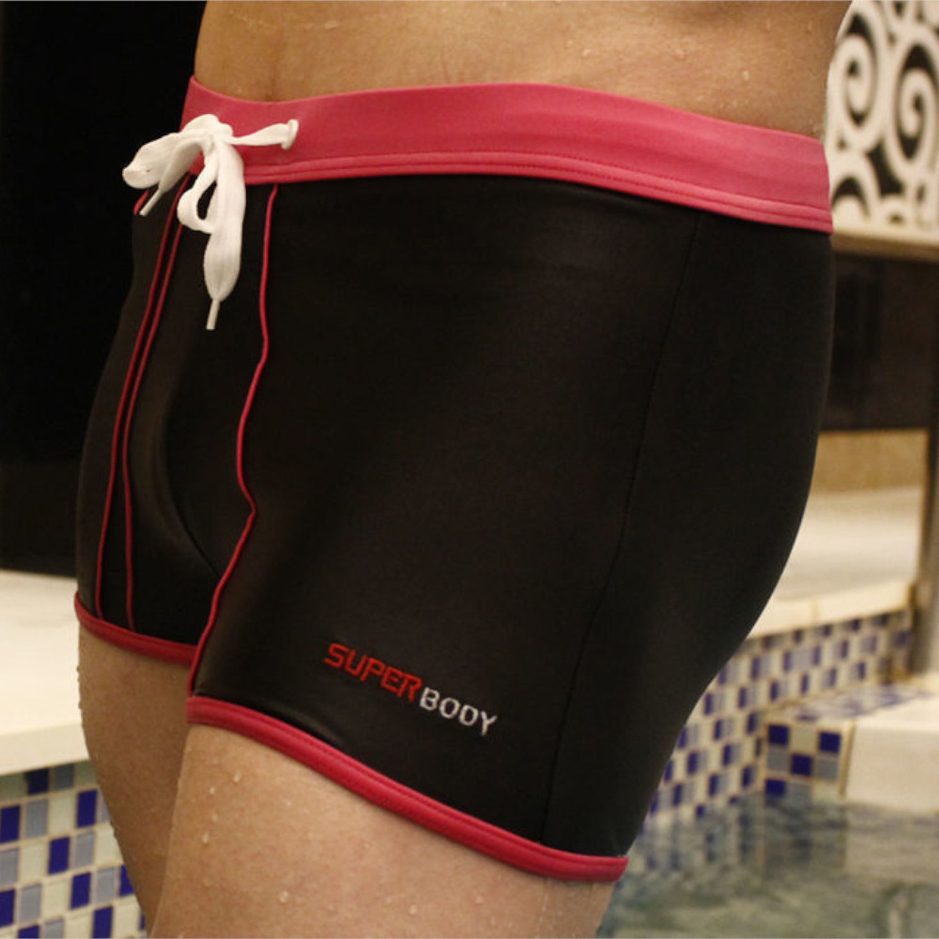 Мужские плавки черные с розовым поясом Superbody Black Swimming Trunk фото 2