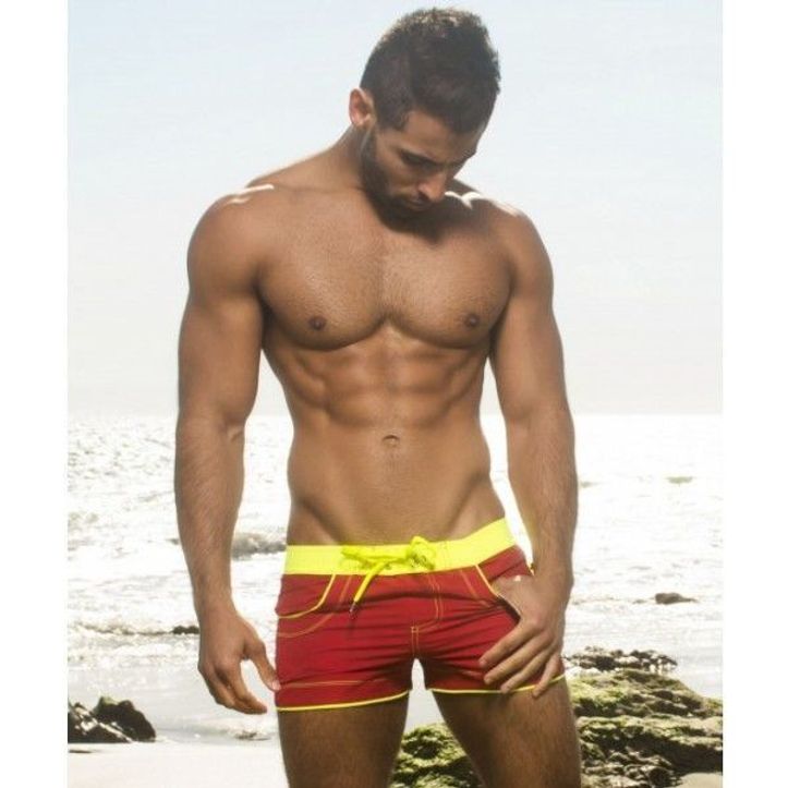 Мужские шорты купальные красные с салатовой резинкой Andrew Christian   AC7357 