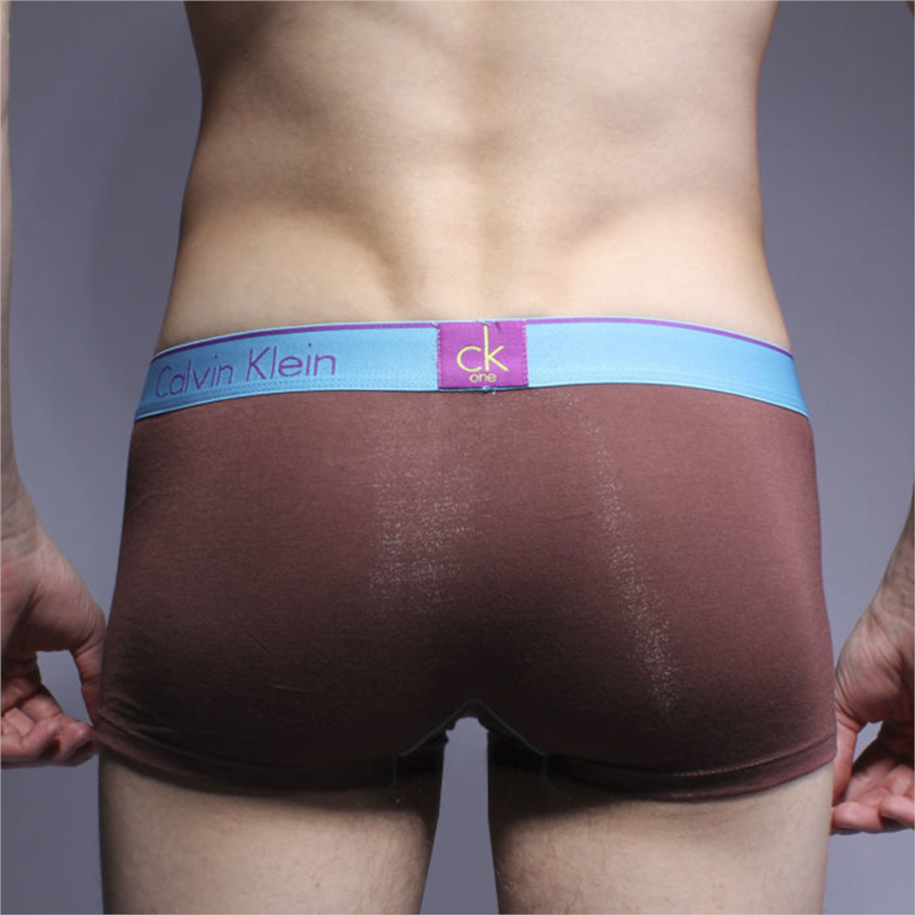 Мужские трусы хипсы коричневые с голубой резинкой CK One Boxer  фото 2
