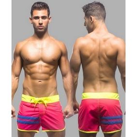 Фото Мужские шорты пляжные купальные розовые с желтой резинкой Andrew Christian AC7361