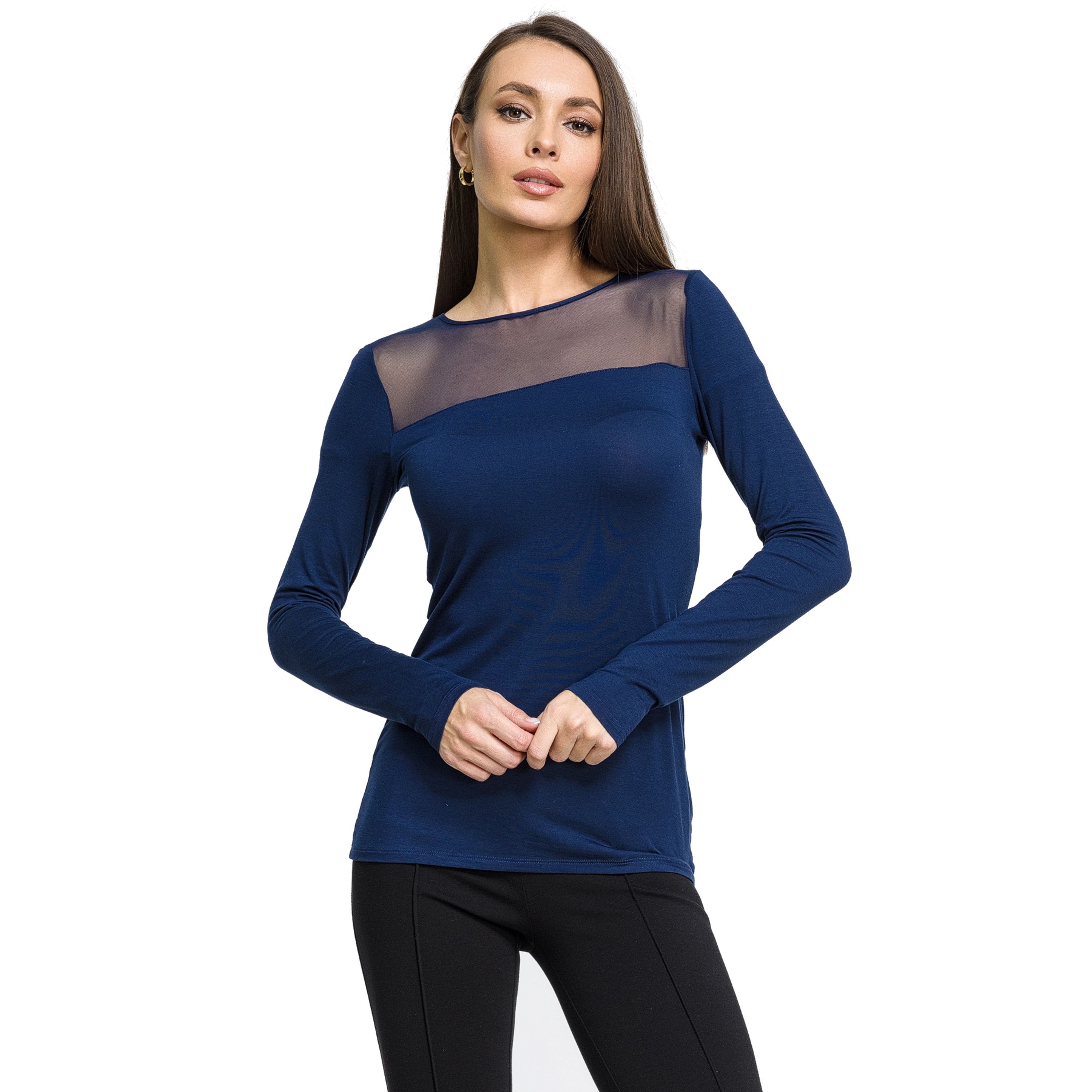 Женский лонгслив с сетчатой вставкой темно-синий OROBLU Perfect Line VOBT01595 фото 1