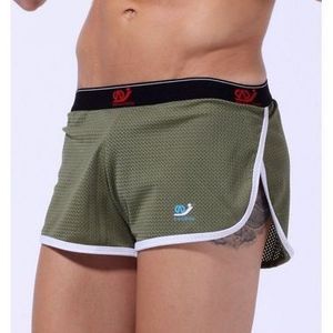 Фото Мужские шорты спортивные в сеточку хаки с черной резинкой WangJiang 6