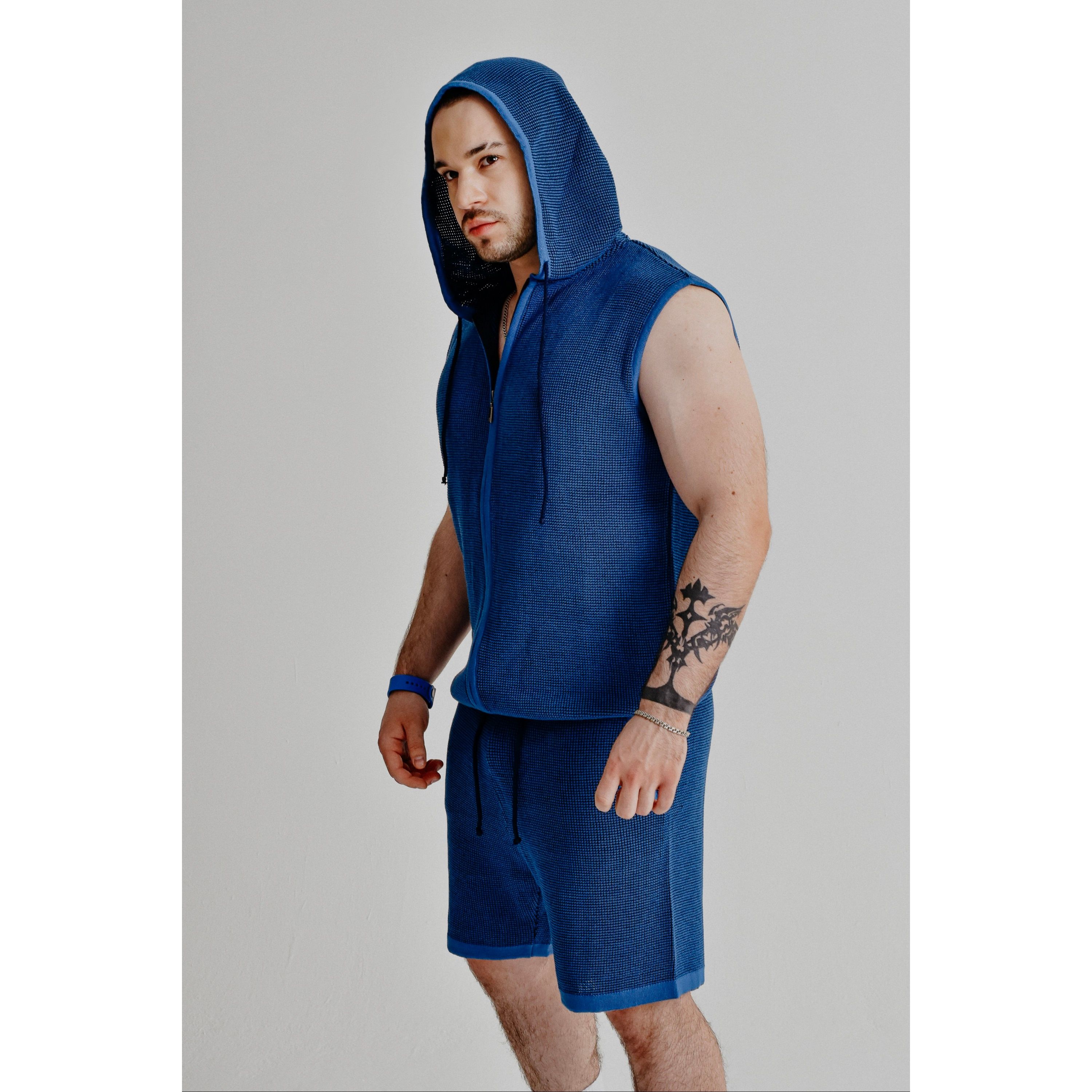 Дизайнерский мужской трикотажный костюм синий: жилет и шорты (дракон) Andrey Nietto фото 2