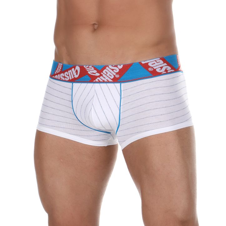 Мужские трусы хипсы белые Aussiebum Comfort White Boxer красно-синяя резинка 