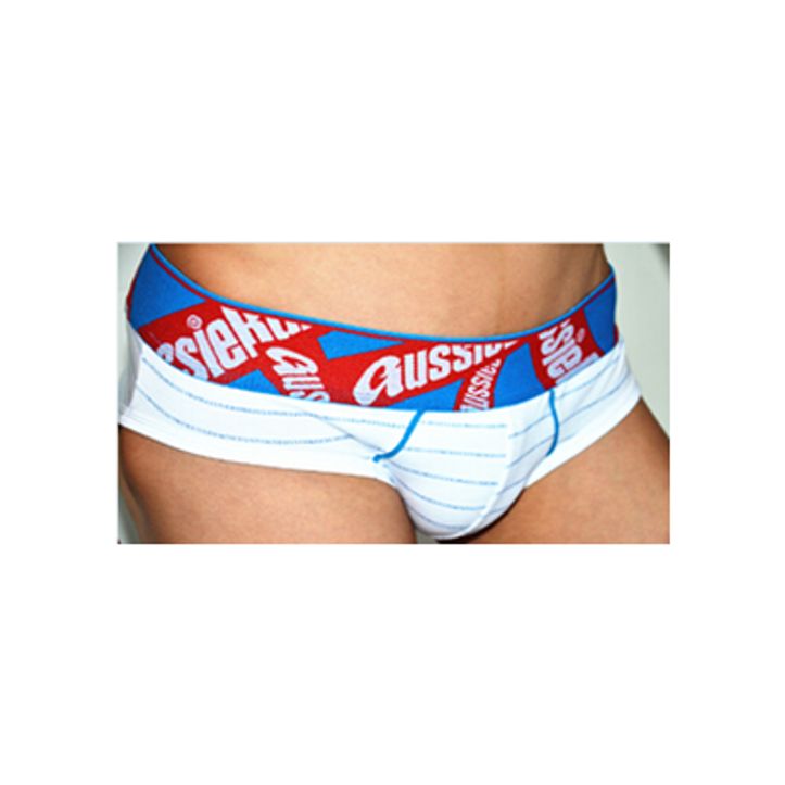 Мужские трусы брифы белые с голубыми полосыми Aussiebum White Hip 