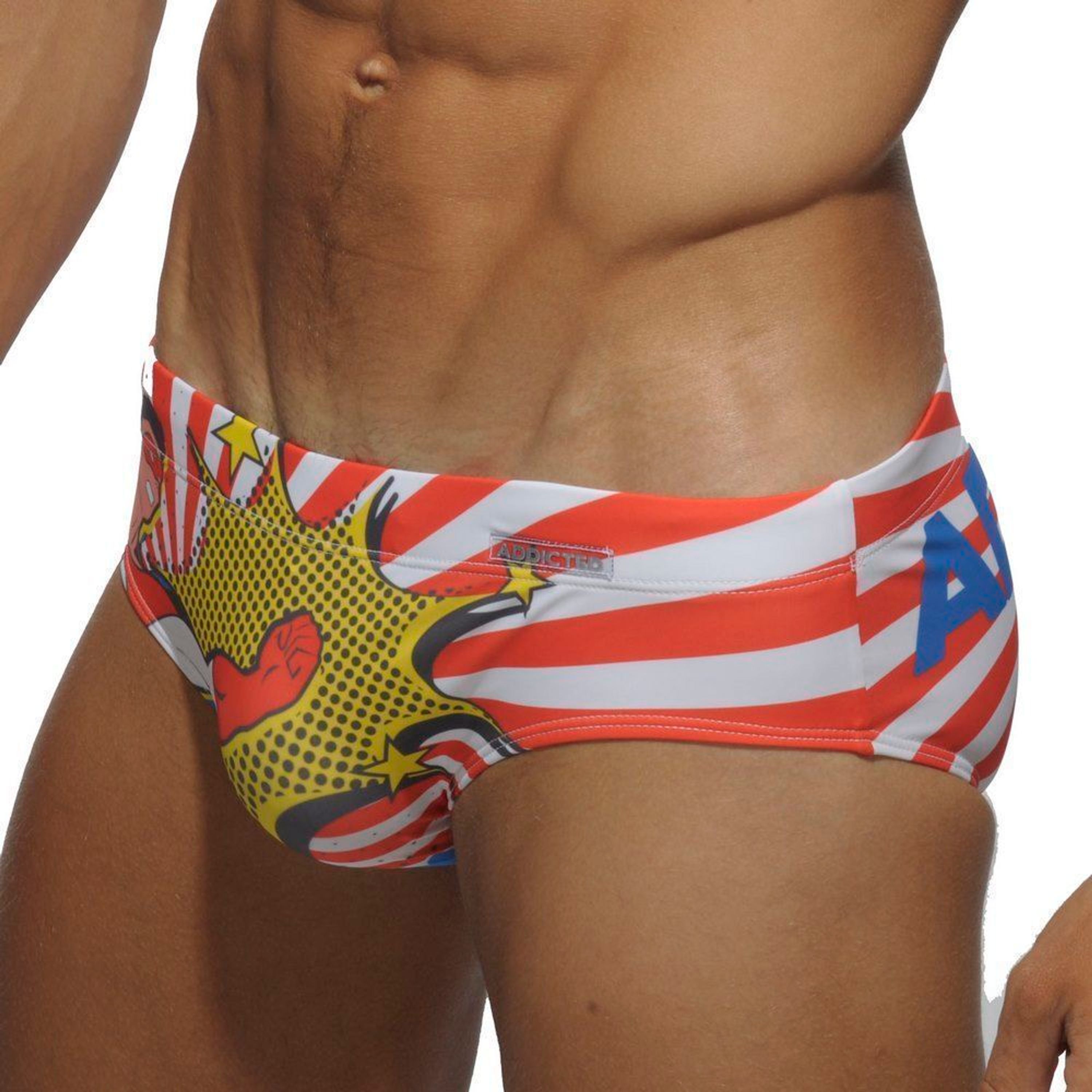 Мужские плавки брифы оранжевобелые с принтом Addicted ПУШ-АП фото 2