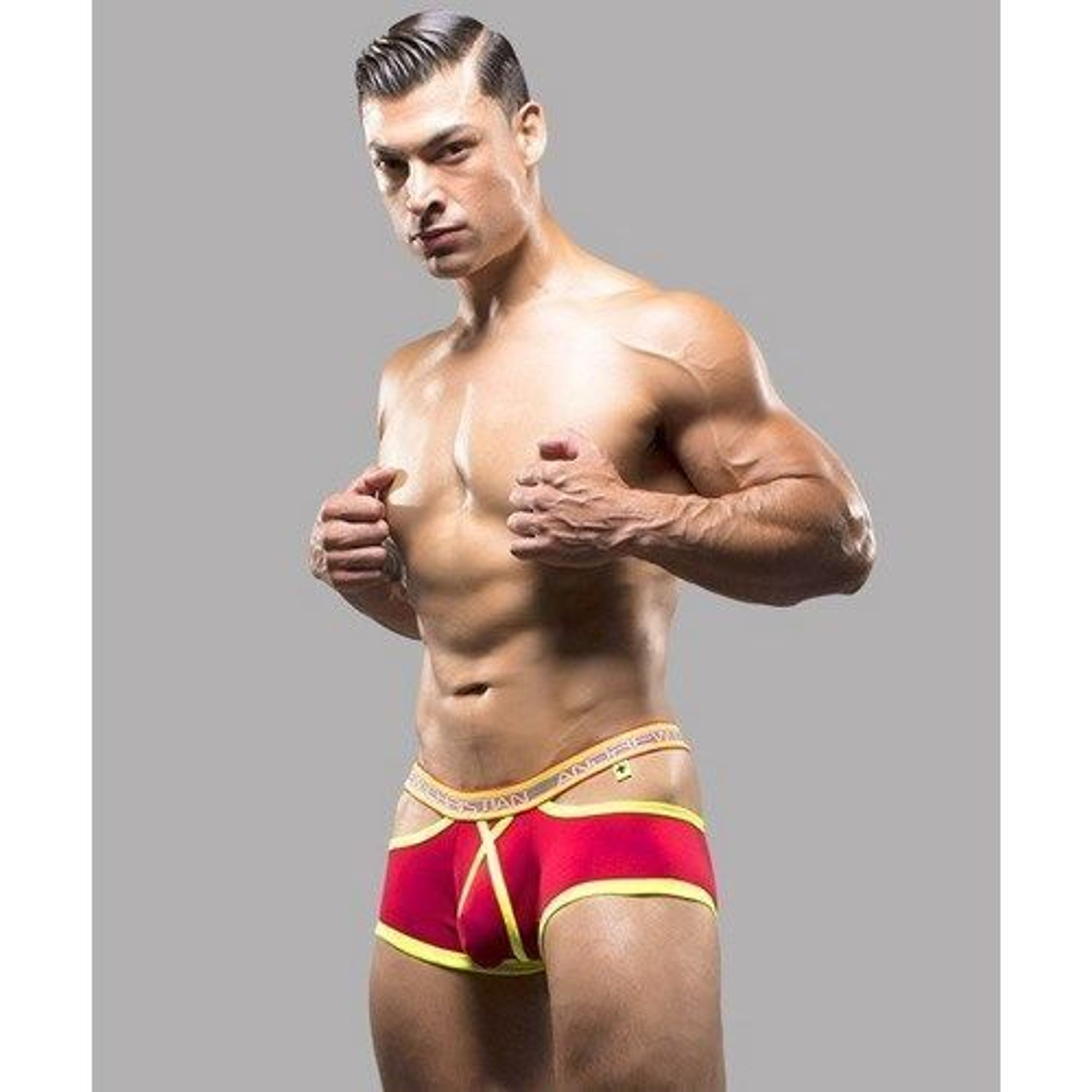 Мужские трусы хипсы красные с вырезами по бокам Andrew Christian Glow Elastic Push Trunks RED  AC9641 фото 2