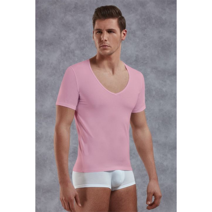 Мужская футболка с глубоким вырезом розовая Doreanse  2820 