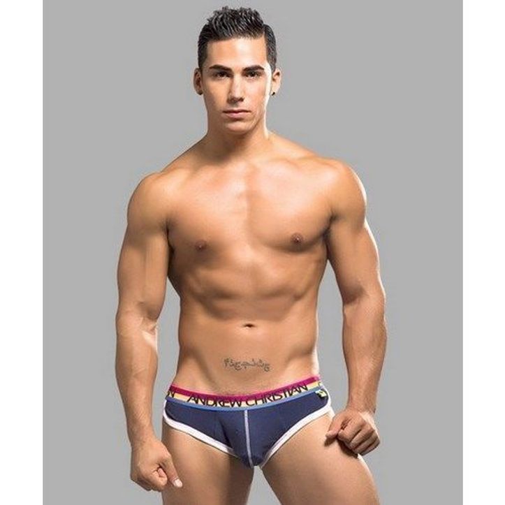 Мужские трусы брифы темно-синие с цветной резинкой Andrew Christian  AC9764 