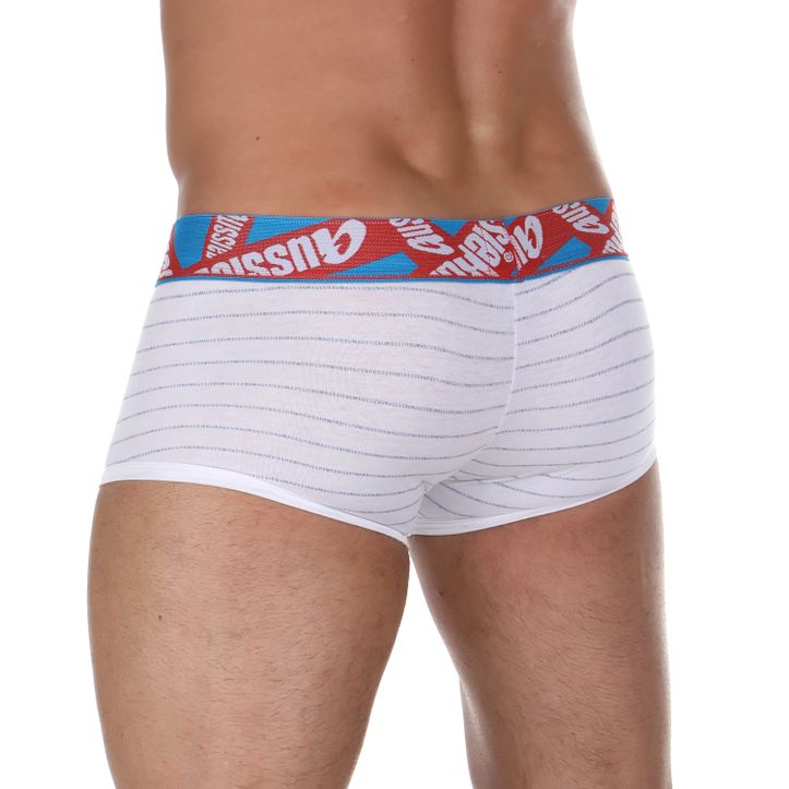 Мужские трусы хипсы белые Aussiebum Comfort White Boxer красно-синяя резинка фото 2