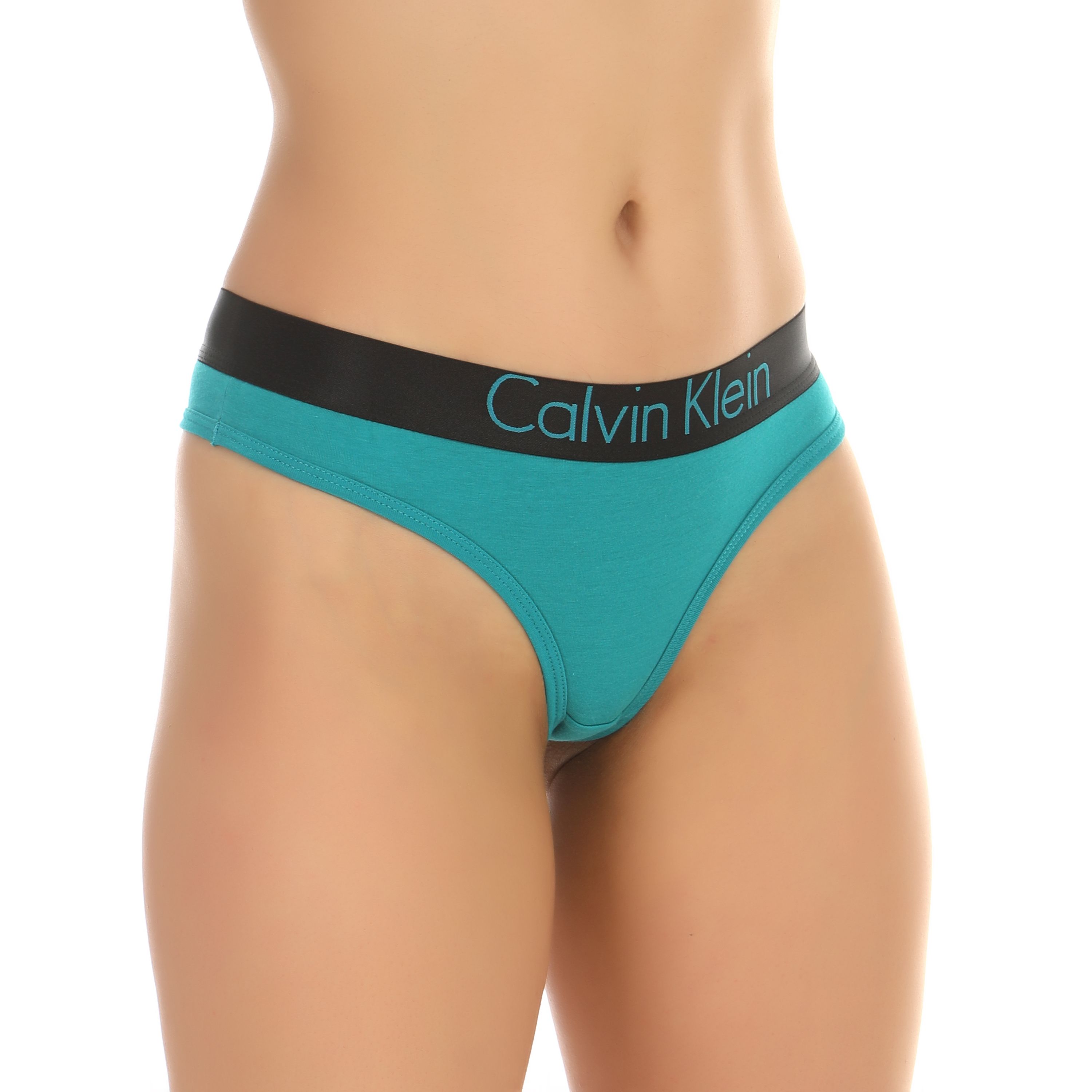 Женские трусы тонги изумрудные с черной резинкой Calvin Klein Women Black Emerald  фото 1