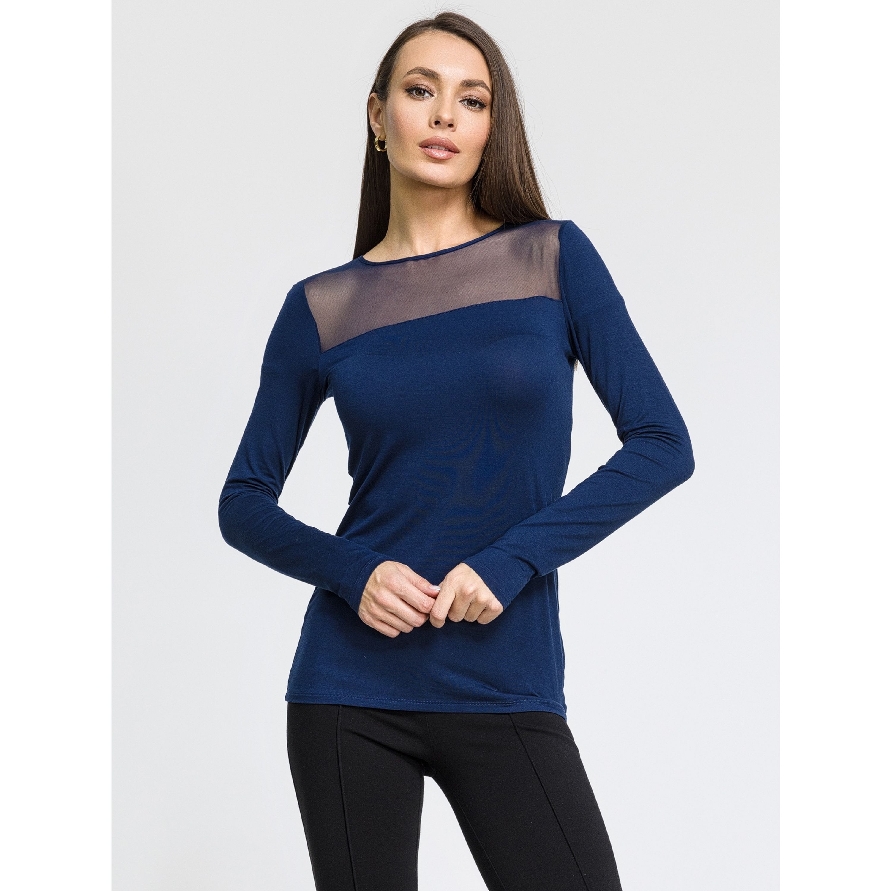 Женский лонгслив с сетчатой вставкой темно-синий OROBLU Perfect Line VOBT01595 фото 1
