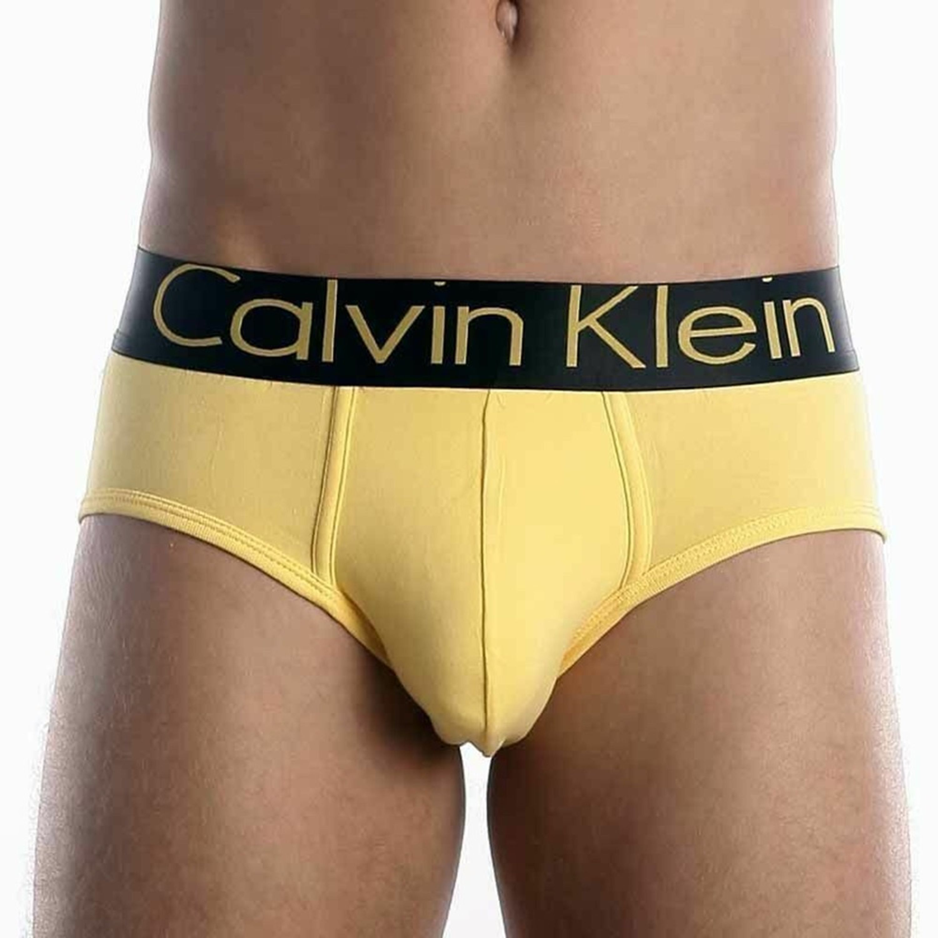 Мужские трусы брифы жёлтые с чёрной резинкой и жёлтыми буквами Calvin Klein Steel Black Waistband Yellow модал фото 2
