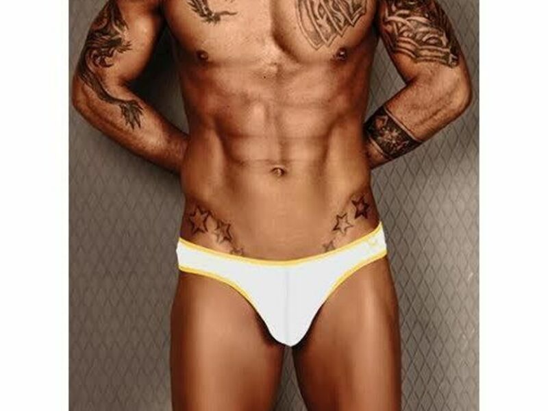 Мужские трусы g-стринги белые с салатовой окантовкой Wild Milk Neon Stripes G-String White 17462