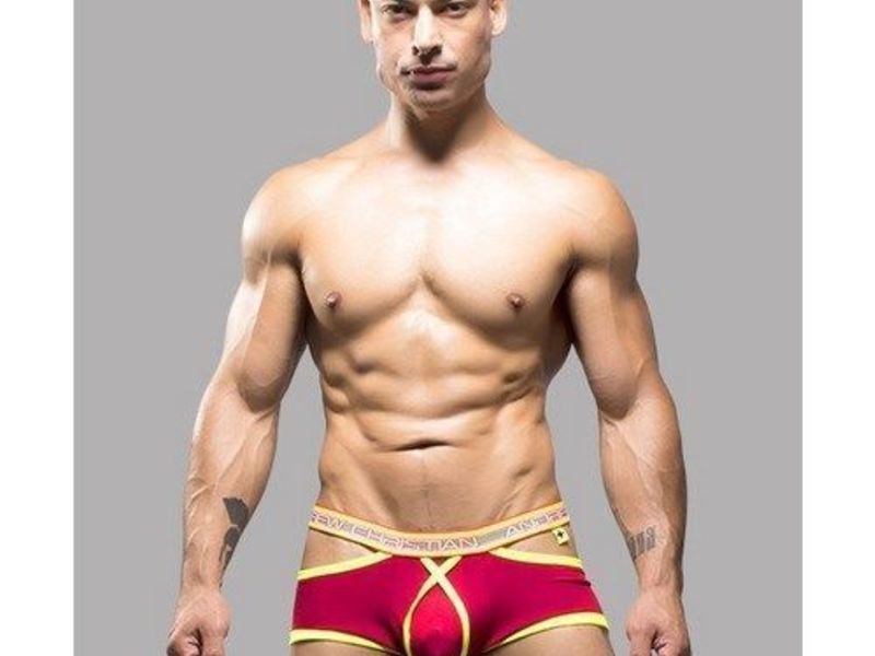 Мужские трусы хипсы красные с вырезами по бокам Andrew Christian Glow Elastic Push Trunks RED  AC9641 21986