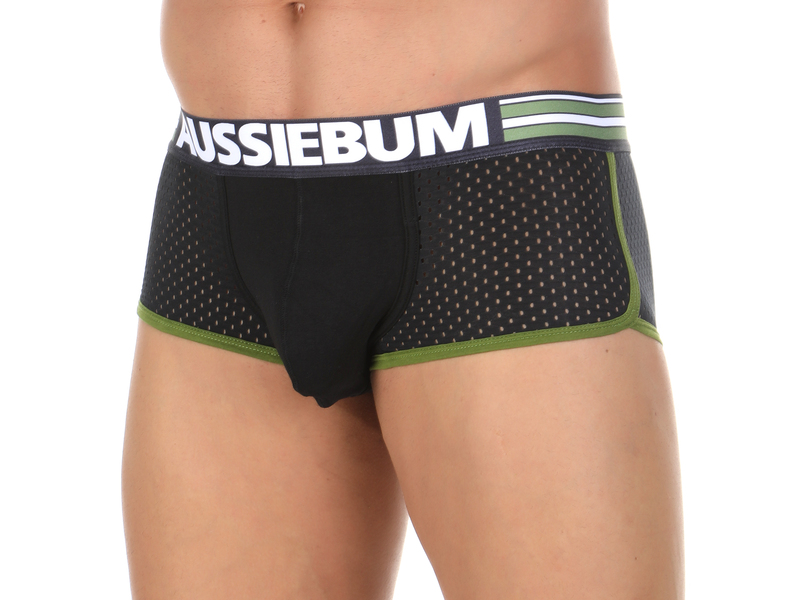 Мужские трусы хипсы черные в сетку с зеленой окантовкой AUSSIEBUM 48156