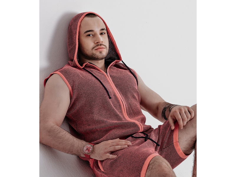 Дизайнерский мужской трикотажный костюм красный: жилет и шорты (дракон) Andrey Nietto 50939